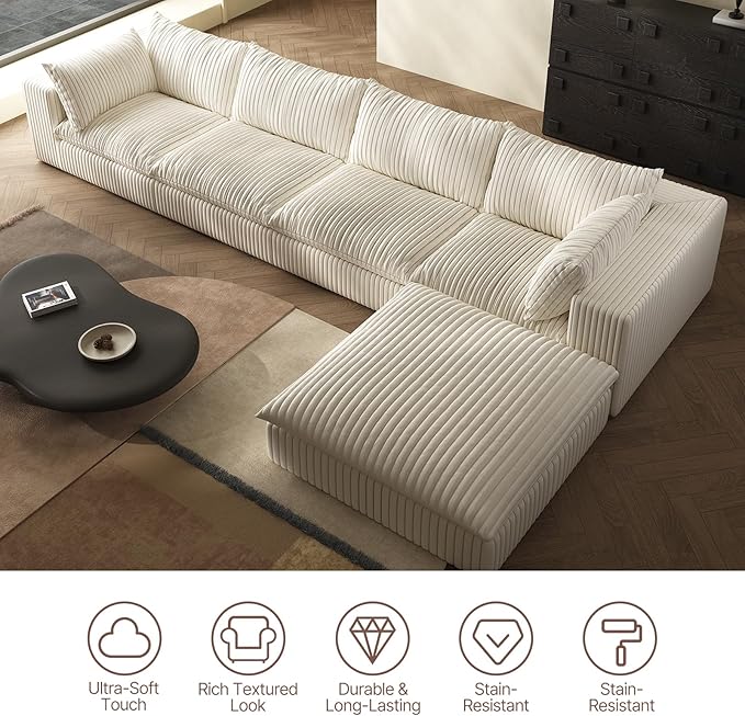 118-inch Boneless Cloud Sofa Modular Corduroy Sectional Couch with Full Foam Compression for Living Room Bedroom Apartment No Assembly Required (White 3 Seater with 1 Ottoman)