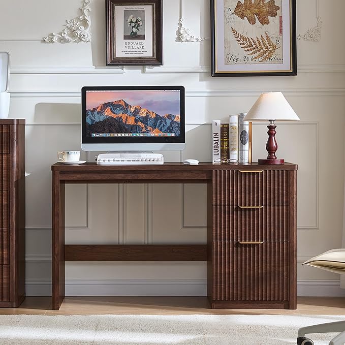 LEYAOYAO Office Desk 48 with 3 Drawers Storage File Cabinet Wood Fluted Desk for Computer Office Bedroom Home Furniture Walnut