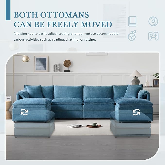 136 Chenille U-Shaped Modular Sectional Sofa with Deep and Wide SeatCloud Couch Set with Double Cushions6 Seat Sofa with Movable Ottomanfor Living Room Apartment Office (Blue#h)