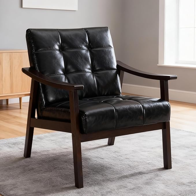Mid Century Modern Oil-Waxed Faux Leather Accent Chair Upholstered Armchair with High Back Solid Rubberwood Frame and Soft Cushion for Living Room Bedroom Waiting Area Black