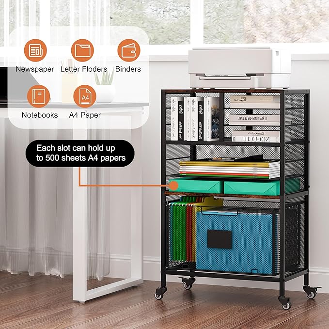 EasyPAG Rolling Cart with Storage Drawer Under Desk Filling Cabinet with Mail Sorter Pull Out Hanging File Rack for Letter Size Folders Mobile Utility Craft Cart for Home Office Black