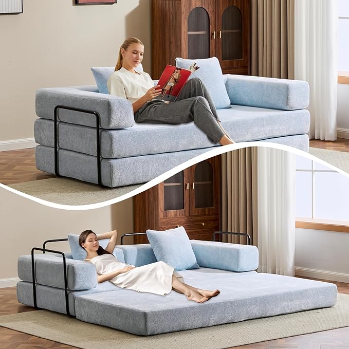 Folding Sofa Bed Modular Sectional Cloud Couch Convertible Sleeper Sofa Bed with Pillow Back Support Armrest for Living Room Bedroom Lounge No Assembly Required Chenille(Light Blue)