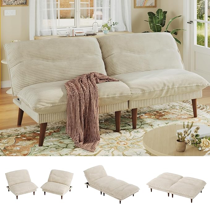 LLappuil Futon Sofa Bed 75 Futon Couch with Adjustable Backrest Corduroy Convertible Recliner Sleeper Sofa 4 in 1 Recliner Chair for Small Space Living Room Apartment Guest Room or Office Beige