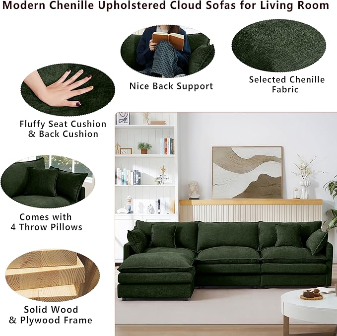102 L-Shaped Sofa for Living RoomModular Sectional Cloud Sofa Couch with OttomanModern Chenille 3 Seater Sofas with Deep SeatSmall L Shaped Couches for Bedroom