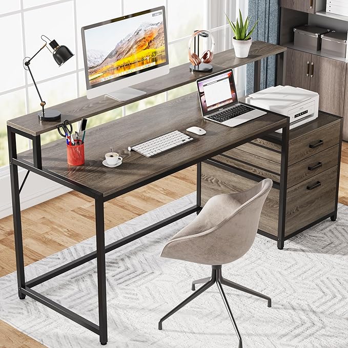 LITTLE TREE 63 Inch Computer Desk with File Drawer Cabinet Home Office Desks with Ergonomic Monitor Stand