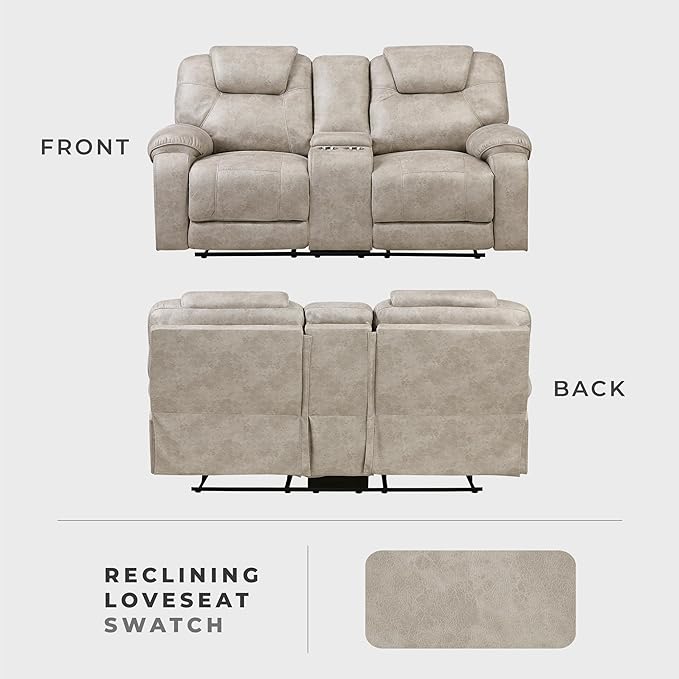 Lexicon Manual Double Reclining Loveseat Polished Microfiber Manual Wall Hugger Loveseat Recliner for Living Room Center Storage Console/Cup Holders/Pillow Top Arm Easy Assembly Pewter