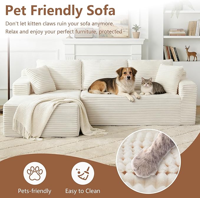 KIVENJAJA 103” Beige Corduroy Boneless Couch L-Shaped Sectional Sofa with Left Facing Chaise Cloud Compression Couches for Living Room Apartment Home Office No Assembly Required