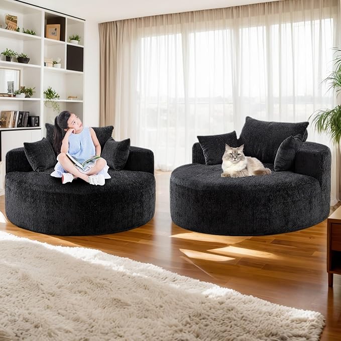 55''W Chenille Oversized Round Chaise Longue Chair Indoor Upholstered Deep Seat Floor Sofa Chair with Pillow No Assembly Required Single Sofa Armchair for Living Room(Chenille Black)