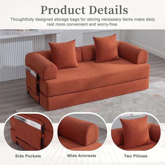 4‑in‑1 Convertible Sleeper Sofa Bed DIY Combination Floor Sofa Lounge Couch with Cylindrical Pillow Corduroy Futon Folding Mattress Couch for Apartment Bedroom Playroom Orange