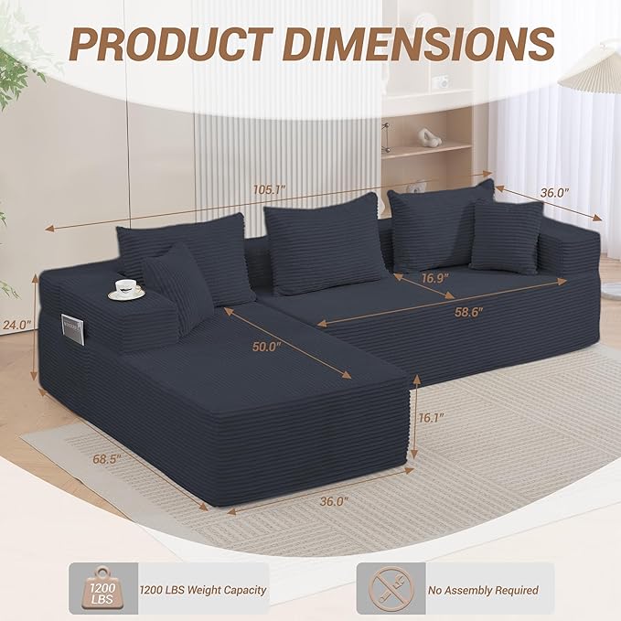 105'' Cloud Sectional Couch Modular L-Shaped Boneless Sectional Sofa Corduroy Deep Seat Couch Small Space Sofas for Living Room Bedroom Apartment No Assembly Black | Breathable material