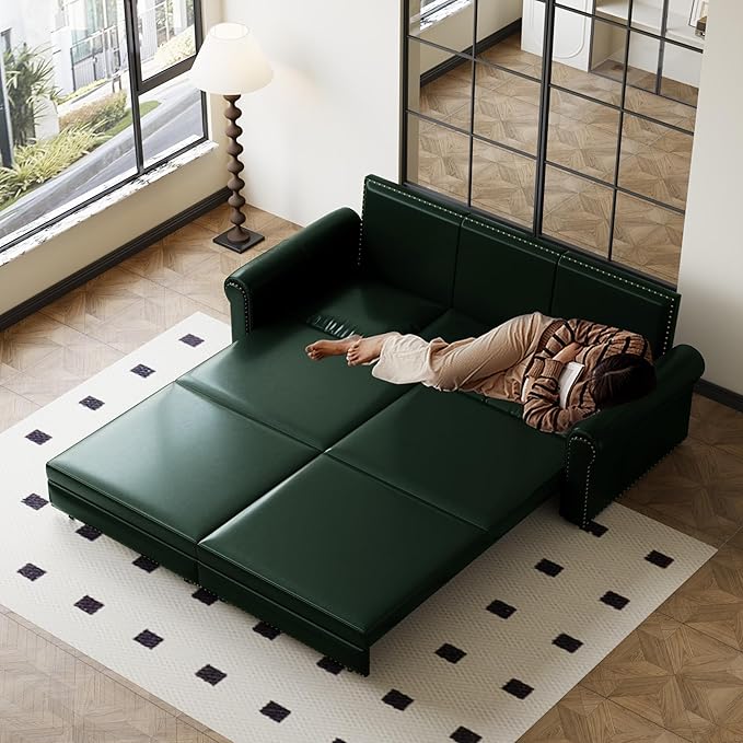 JOYBASE Pull Out Sofa Bed King-Size Convertible Sleeper Sofa Modern 3-Seater Faux Leather Couch with Nailhead for Living Room Office Apartment (Green)