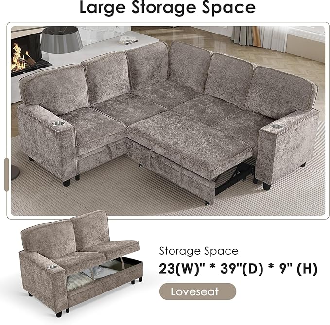 81 Modular Sectional Sofa L Shaped 5-Seater Sleeper Sofa with Pull Out Bed Hidden Storage Cup Holders &amp USB Charging Ports Sectional Couches for Living Room (Chenille Brown-Grey)