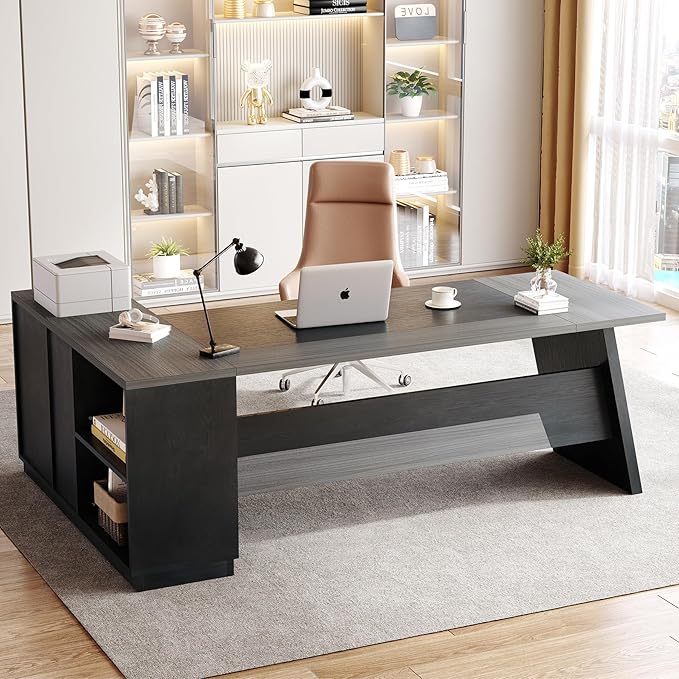 LITTLE TREE 78-Inch Executive Office Desk with File Cabinet Large Modern Corner Office Desk for Home Office 3-Drawer Wood File Cabinet Spacious Workstation for Home Office (Grey &amp Black)