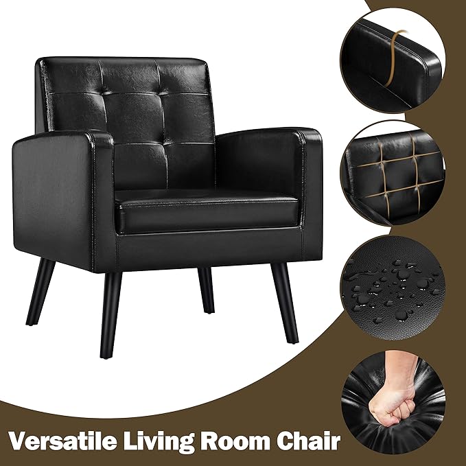 Yaheetech Mid-Century Accent Chairs PU Leather Modern Upholstered Living Room Chair Cozy Armchair Button Tufted Back and Wood Legs for Bedroom/Office/Cafe Black 2PCS