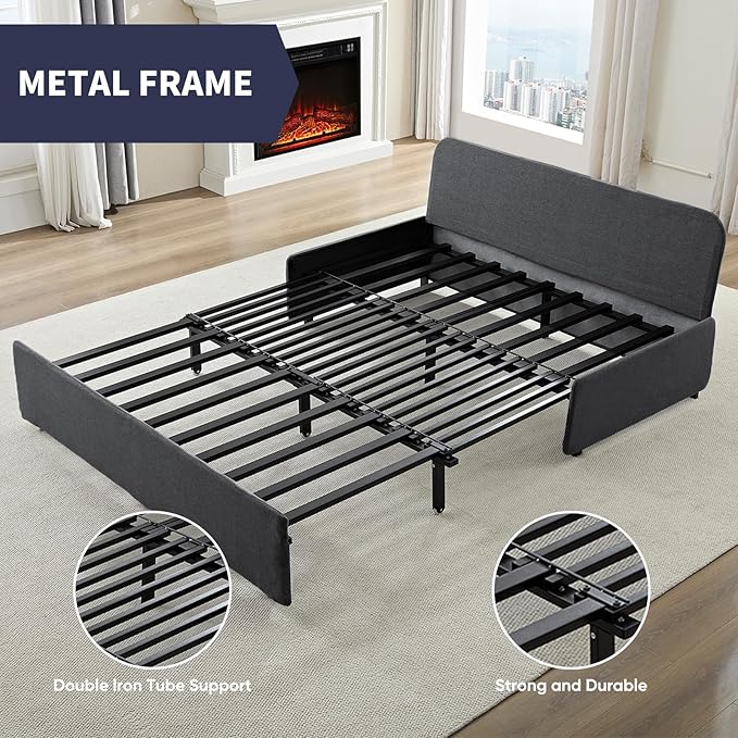 2 in 1 Pull Out Sofa Bed Queen Size Small Convertible Sleeper Sofa Couch Linen Folding Guest Bed with Wheels and Cushions Pillow Futon Sofas Couch Beds for Bedroom Office Lounge - Dark Grey