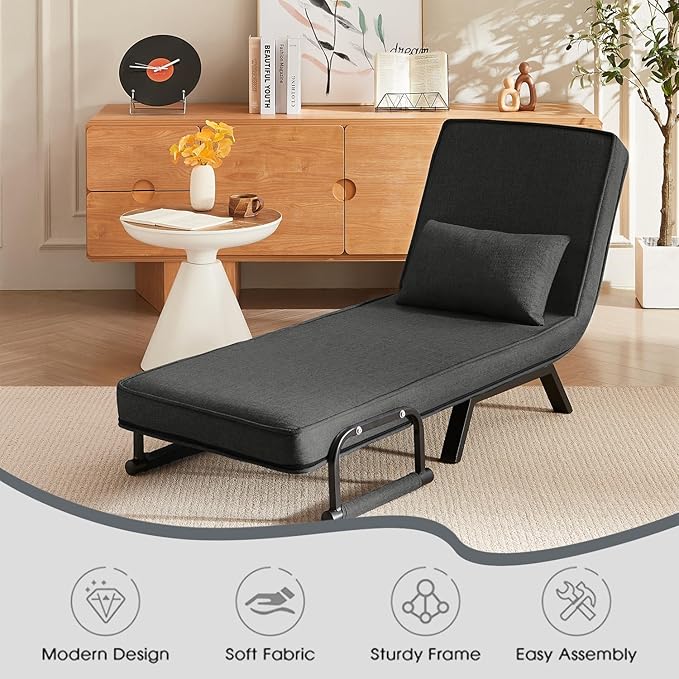Convertible Sleeper Chair 5 in 1 Folding Sofa Bed with 5-Position Adjustable Backrest &amp Pillow Floor Single Chairs Cozy Futon Chair for Small Spaces Apartment Bedroom Office (Black)
