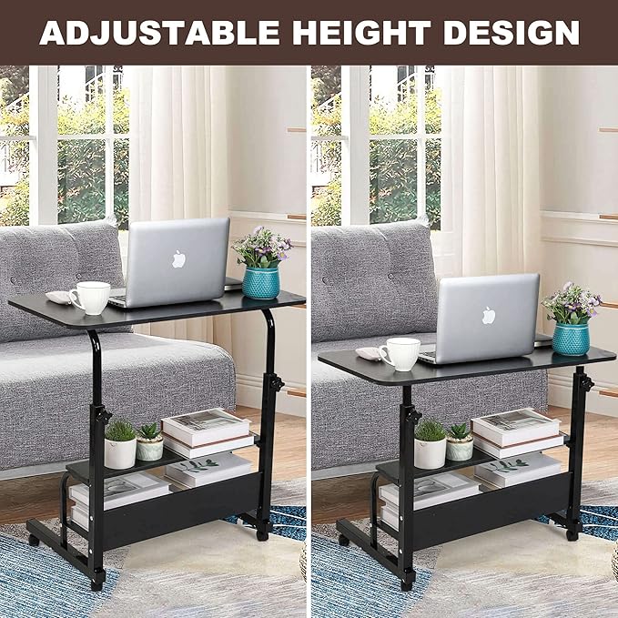 Home Office Desk Movable Bedroom Adjustable Table Modern Small Study Laptop Computer for Living Room Couch Portable Spaces with Wheels Storage Furniture 31.5x15.7 Black