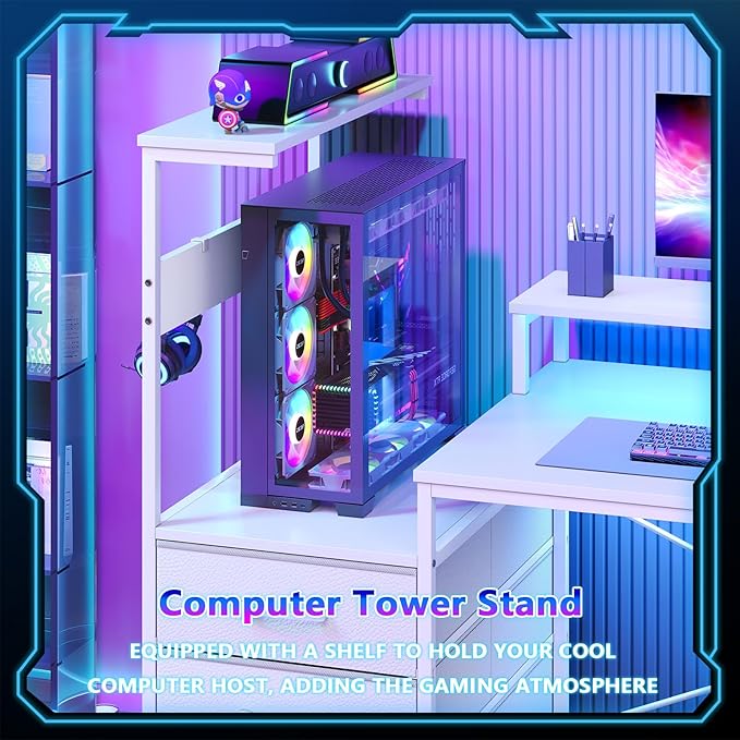 L Shaped Gaming Desk with Drawers &amp Storage Shelves Corner Gaming Desk with Power Outlets &amp LED Light Reversible Computer Desk with Monitor Stand &amp Hooks White