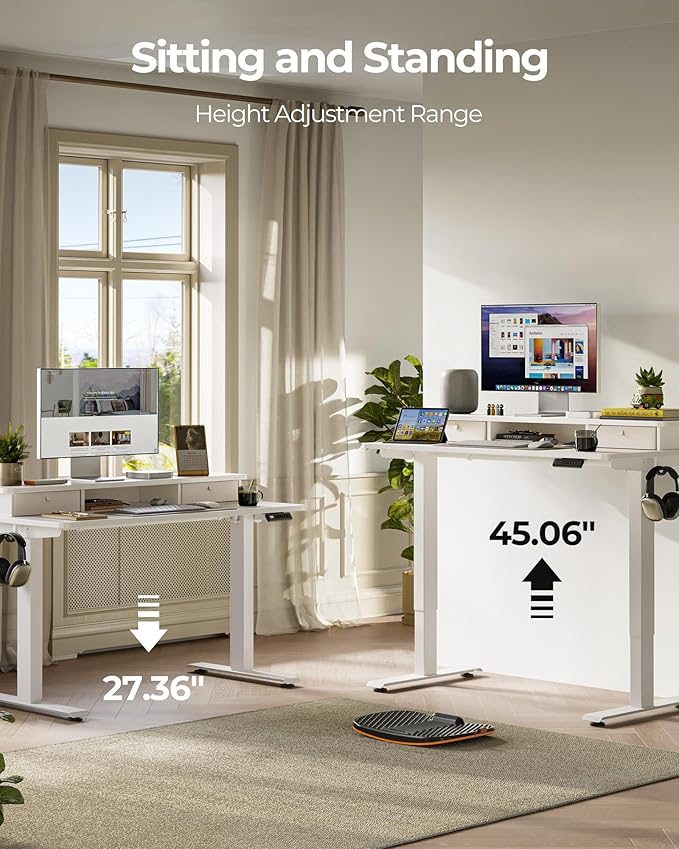 48x24 Inch Electric Standing Desk with Double Drawers Adjustable Feet &amp Hooks Ergonomic Home Office Workstation White