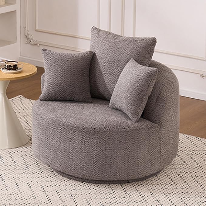 Yoglad 38.58'' Swivel Round Chair Comfy Boucle 360° Accent Chair with Thick Cushion Oversized Modern Single Sofa with 3 Pillows Soft Armchair for Nursery Living Room Bedroom Office (Grey)