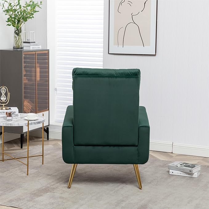 Velvet Accent Chair Modern Living Room Armchair Bedroom Dorm Reading Reception Room Comfort Upholstered Sofa Chair Gold Metal Legs Dark Green