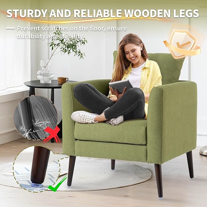 Comfy Accent Chair for Living Room Modern Fabric Upholstered Armchair with Solid Wood Legs Supportive Back Cushions and Easy Assembly Olive Green