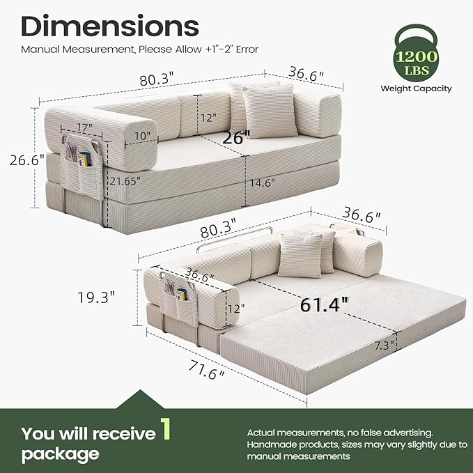 Multi-functionalcorduroy Sofa Bed Crafted from Corduroy Fabric is Ideal for Apartments and Living Rooms. Sleeper Sofa Couch Folding futon or Foldable Floor Convertible Floor Studio | Multi-functiona