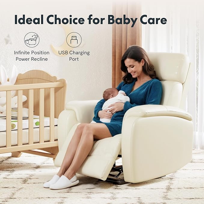FLEXISPOT X3 Power Recliner Chair Adjustable Electric Recliner with USB Port Thick Cushion &amp Padded Back Comfortable Faux Leather Chair for Adults Living Room Nursery Home Theater (White)