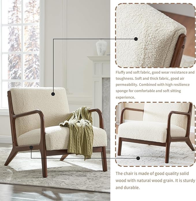 SILKIR Mid-Century Modern Accent Chair with Cushions Living Room Chair with Solid Wood Frame Lounge Chair Chair for Living Room Office Bedroom Lambswool White