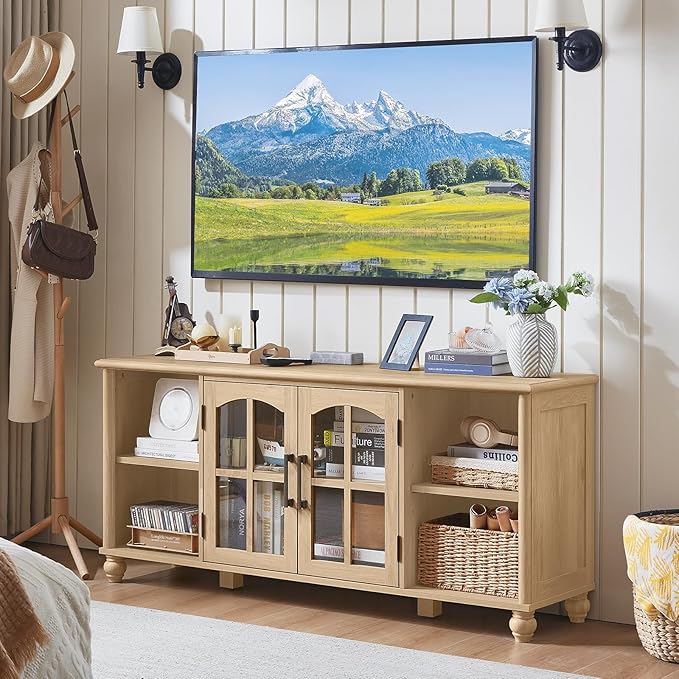 Farmhouse TV Stand for 60 Inch TV Wood Entertainment Center with Glass Door Storage Cabinet &amp Adjustable ShelvesTelevision Stands for 65 TVS TV Console Table for Living RoomBedroomNatural