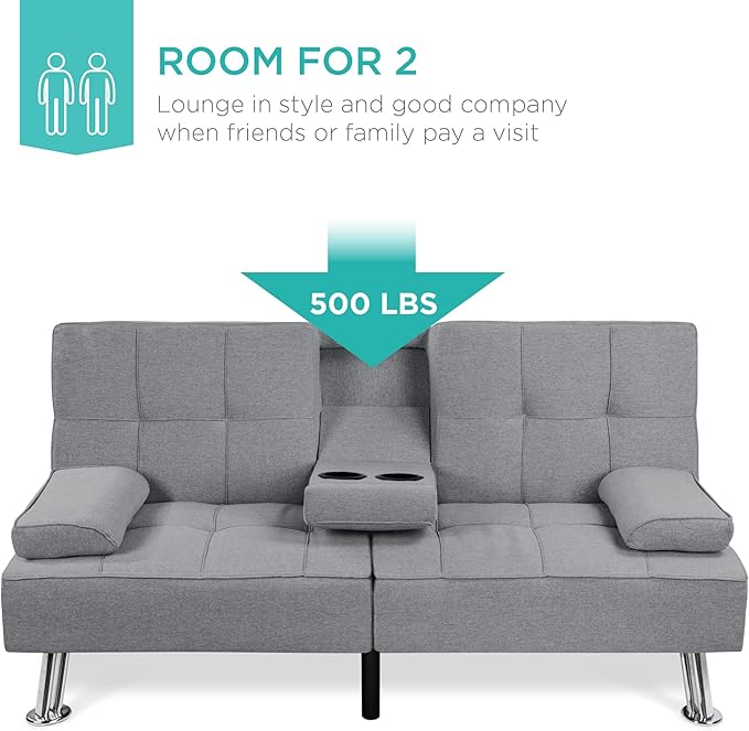 Best Choice Products Linen Modern Folding Futon Reclining Sofa Bed for Apartment Dorm w/Removable Armrests 2 Cupholders - Gray