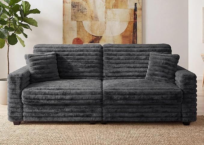 Plush Corduroy Loveseat Sofa Fluffy Love Seat Sectional Couch Oversized Deep Seat Sofa with 2 Pillows Apartment and Small Space Sofas Dark Grey
