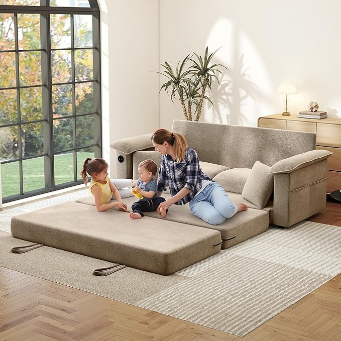 SUNWAVE Oversized Loveseat Sleeper Sofa 77 Convertible Sofa Bed 2-Seat Pull Out Couch w/USB Chenille Queen Folding Sofa Bed for Living Room Small Spaces Bedroom (Chestnut)
