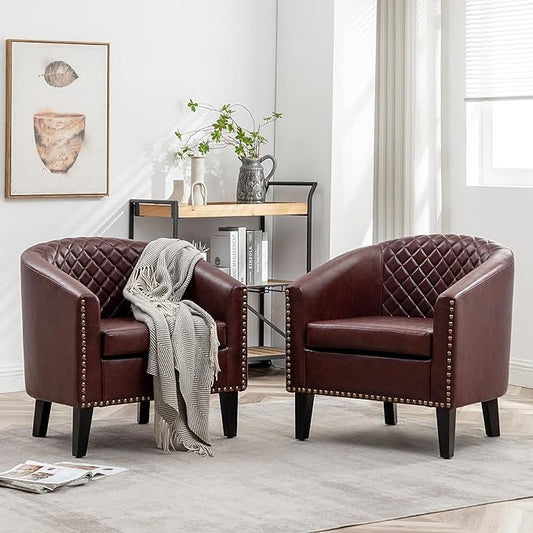 KINWELL 29 W Faux Leather Barrel Chairs Set of 2 Modern PU Upholstered Tufted Club Chairs with Nailhead Trim Small Armchairs Accent Chairs for Living Room Bedroom Apartment Lounge Nursery Red