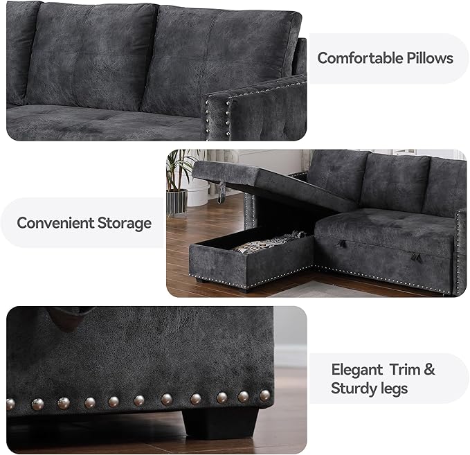 Morden Fort Pull Out Sofa Bed with Storage 91'' Oversized Sleeper Modular Sectional Comfy L-Shape Couch for Living Room Apartment Faux Leather Dark Grey