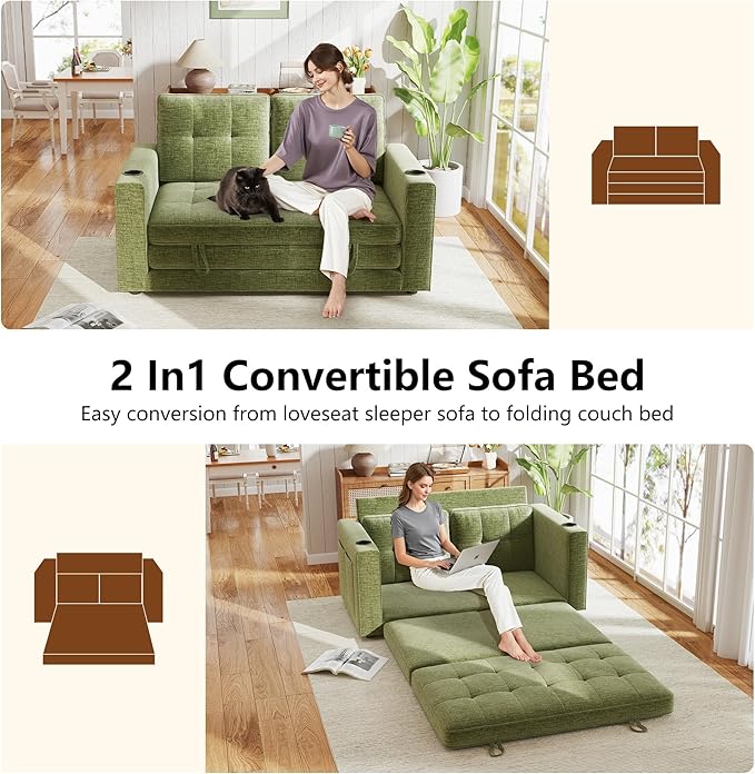 WorthFurni Convertible Sofa Bed Folding Sofa Bed 2 in1 Pull Out Loveseat Sleeper Sofa Floor Sofa Bed for Small Spaces Folding Couch Bed with Pillows for Living Room Bedroom - Green