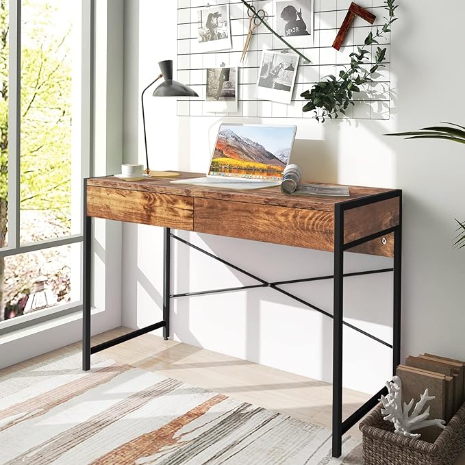 Tangkula Industrial Computer Desk with 2 Drawers Simple Study Writing Desk with Drawers 44 Inches Laptop PC Workstation Student Desk Home Office Desk Ideal for Bedroom &amp Office (Rustic Brown)