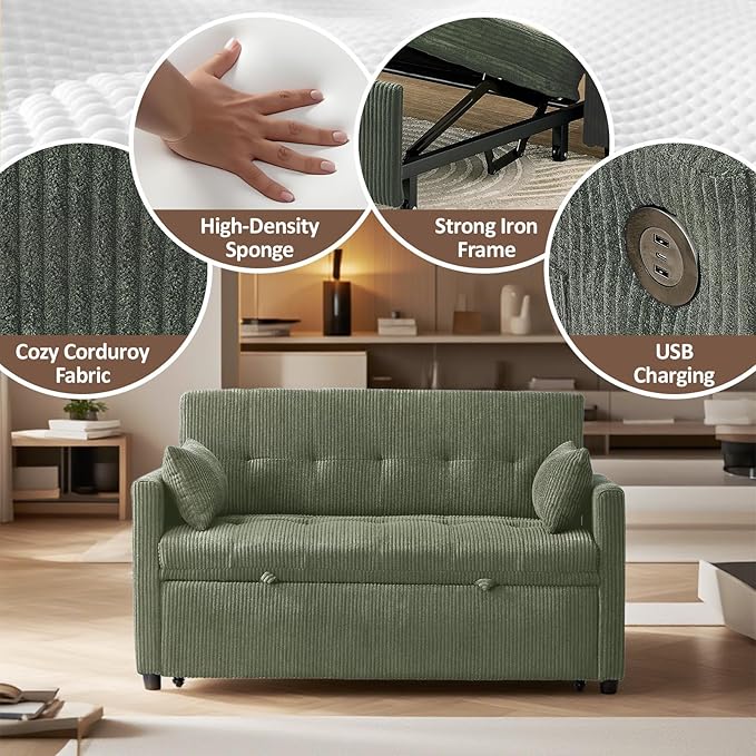 Sofa Bed Loveseat 3-in-1 Sleeper Sofa with Pull Out Bed Pockets and USB Modern 2 Seater Convertible Small Couch for Living Room Bedroom Apartment (Green Corduroy)