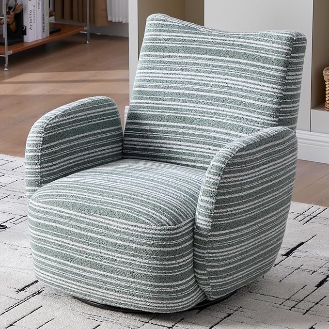 360° Swivel Accent Chair with Armrest Modern Striped Upholstered Lounge Chair Stable Round Base &amp Sturdy Metal Frame Armchair for Bedroom Living Room Office &amp Vanity (Mint Green)
