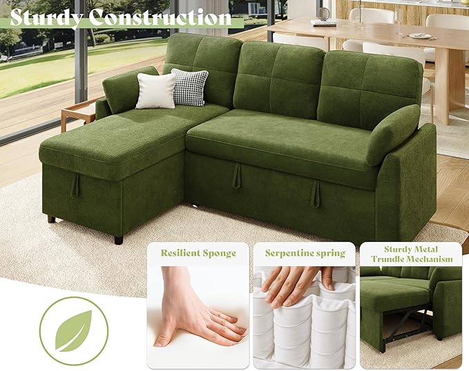 AMEILIFE Sofa Bed Sleeper Sofa with Storage Chaise Convertible Sofa Bed with Pull Out Couch l Shaped Couch for Living Room-Green Linen