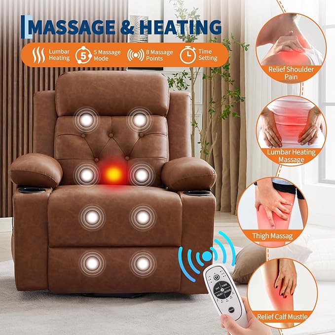 Power Lift Recliner Chair for Elderly with Vibration Massage and Lumbar Heating Oversized PU Leather Electric Lift Recliner Single Sofa with Side Pockets Two Cup Holders for Mobility Impaired