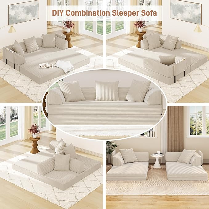 Folding Convertible Sofa Bed with 3 Pillows 79  Corduroy Boneless Couch with Armrest Pockets Lounge Loveseat Sleeper with Pull Out Bed Memory Foam Compressed Sofa for Living Room Bedroom Beige