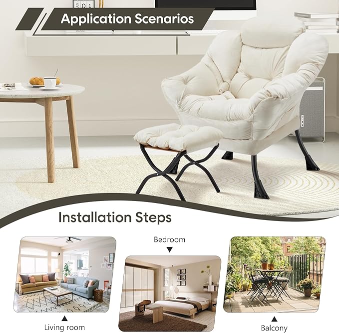 Lazy Chair with Folding Ottoman Modern Large Accent ChairContemporary Lounge Leisure Sofa Chair with Armrests Upholstered Sofa Armchair Reading Chair for BedroomDorm &amp Office (Beige-f)