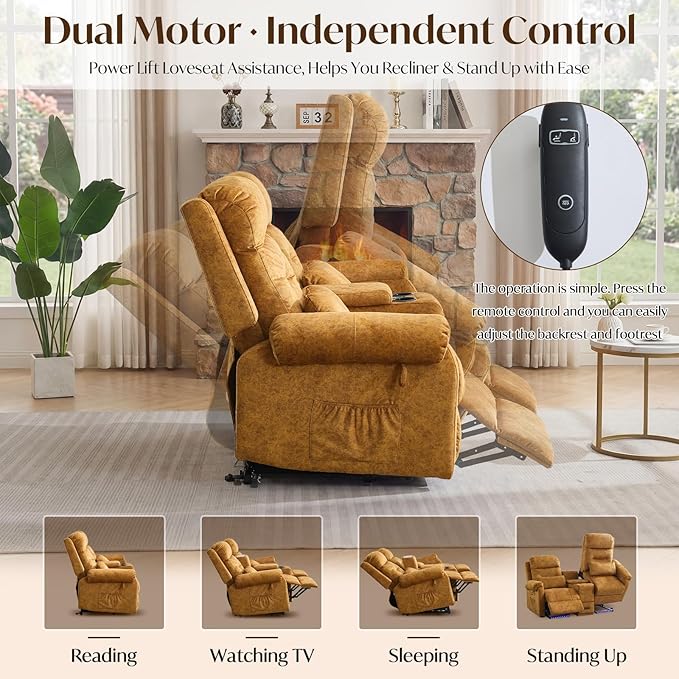 Power Lift Recliner Loveseat Sofa for Elderly Dual Motor Electric Recliner with Massage &amp Heat 2-Seater Velvet Couch with Independent Control Console Cup Holder &amp Power Outlet (Yellow 69”