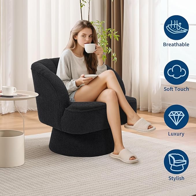 Swivel Accent Chair with Armrest Modern 360 Degree Swivel Round Lounge Chair with Curve Back and Cushion Comfy Upholstered Armchair Sofa for Living Room Bedroom Reading Room Black Teddy 1PCS