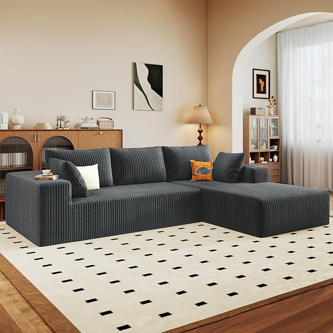 96 Modular Sectional Sofa Modern Corduroy Cloud Couch with Deep Seat Boneless Couch Upholstered 3-Seater L-Shaped Sofa for Living Room No Assembly Required (Dark Grey Right-Facing Chaise)