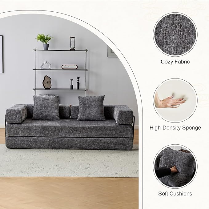 Folding Sofa Bed Modular Sectional Cloud Couch Convertible Sleeper Sofa Bed with Pillow Back Support Armrest for Living Room Bedroom Lounge No Assembly Required Chenille (Dark Grey)