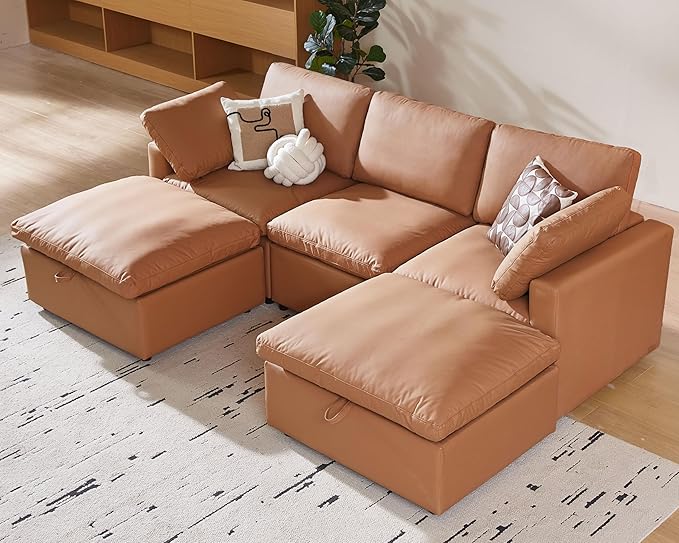 WEUP 130 Faux Leather Sectional Couch U Oversized Shaped Modular Sofa with Storage Ottoman Scratch Resistant Leather Sofa Spacious Deep Seat Mid Century Modern Couches for Living Room Brown