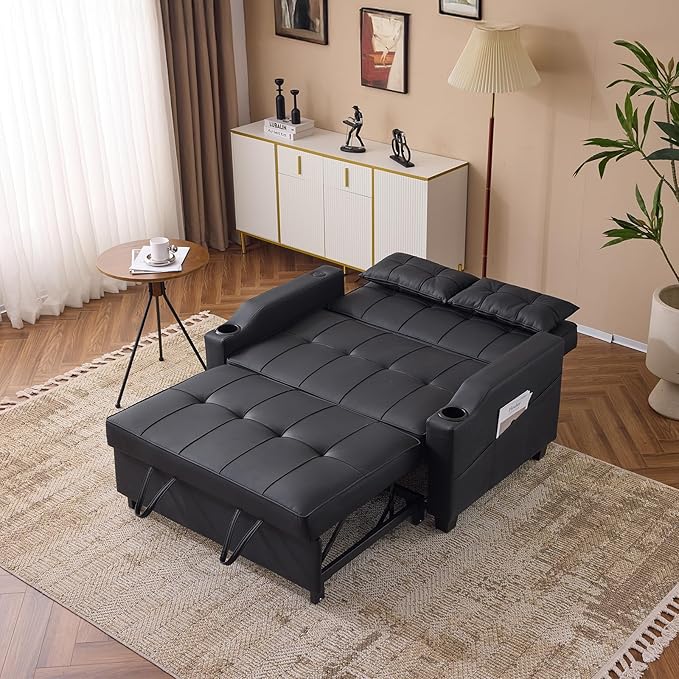 VINGLI Black Futon Sofa Bed Convertible Loveseat Sleeper Couch Faux Leather Pullout Sofa Fold Out Couch Bed with USB Ports Cup Holders Armrest for Living Room Bedroom Apartment Room
