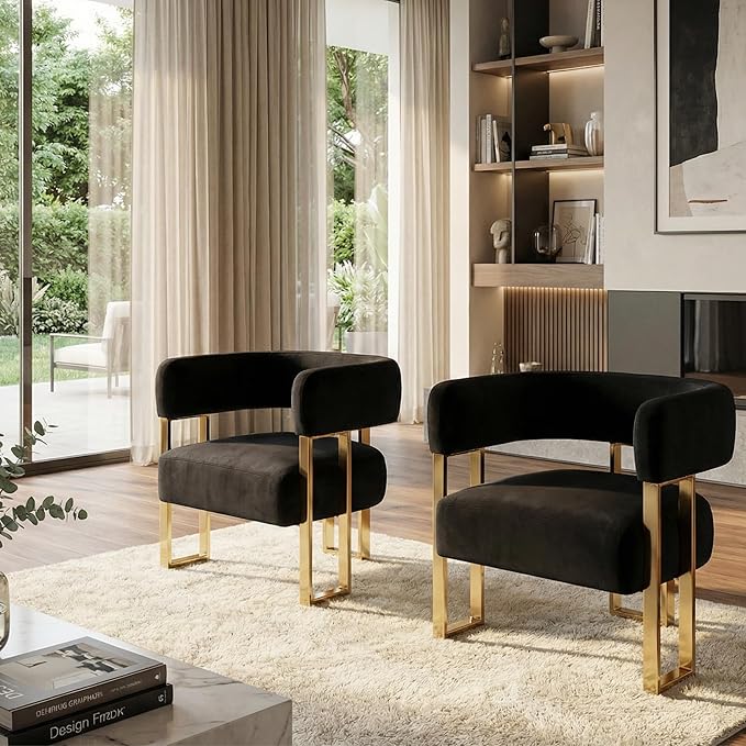 Modern Barrel Accent Chair for Living Room Comfy Velvet Upholstered Armchair with Semi-Open Back Reading Chair Single Sofa Chair with Gold Metal Legs for Bedroom Vanity Reception Black 1 PC